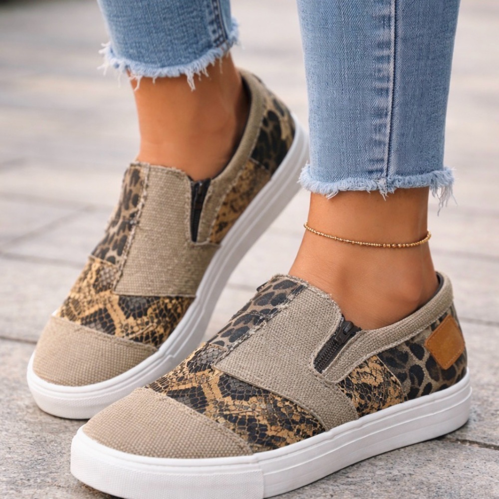NWT Khaki Animal Print Slip On Sneakers Women’s 7 (Est) 10” Insole